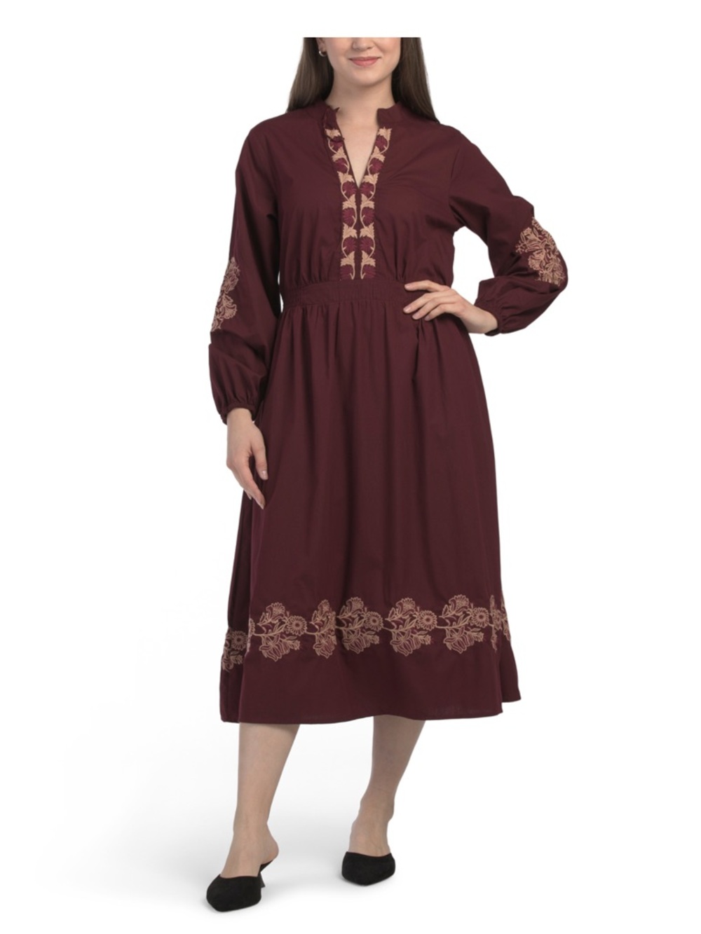 Lea burgundy long sleeve embroidered cotton maxi dress cottagecore pockets